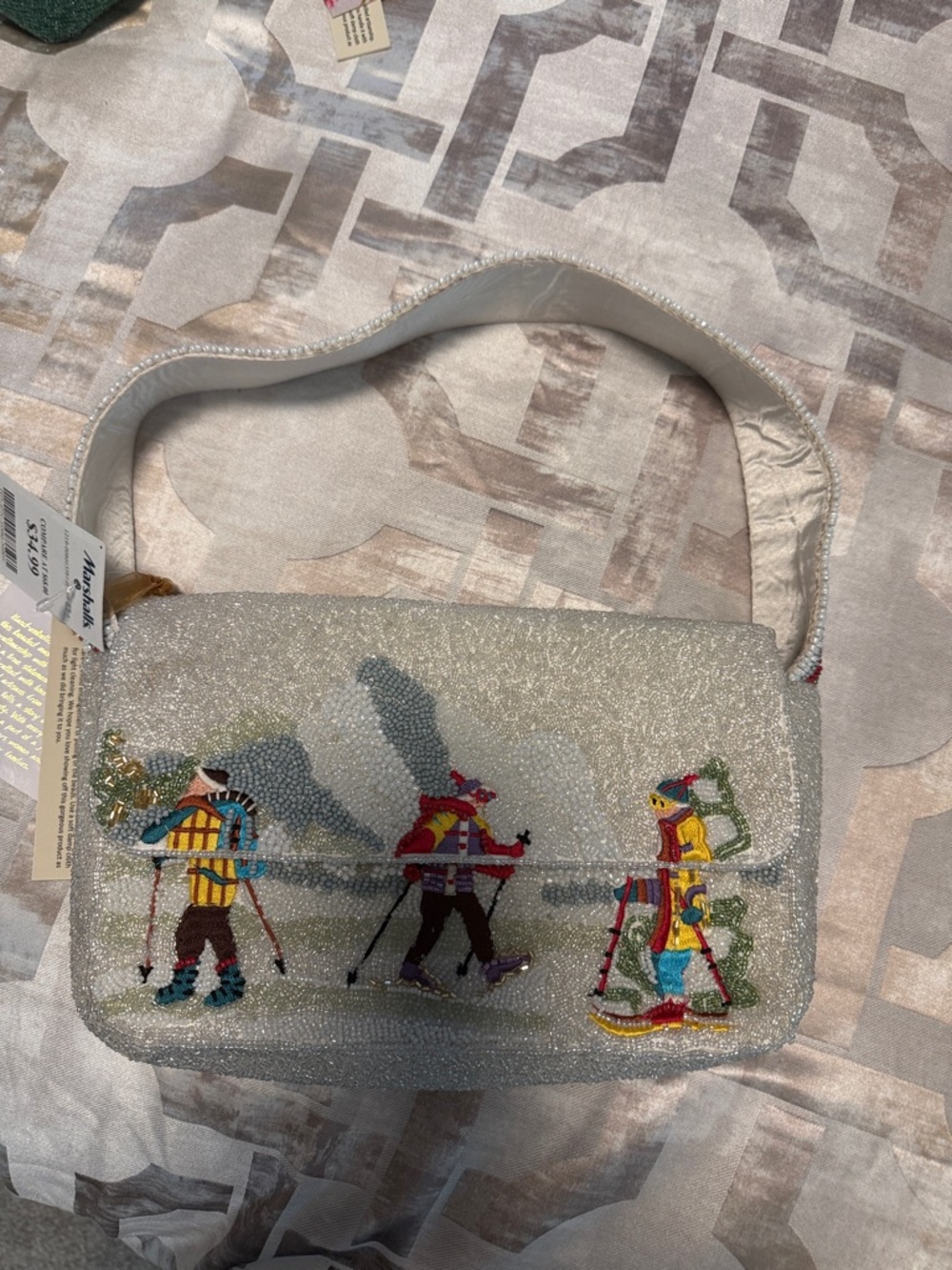 Beaded Skiers White Beaded Bag